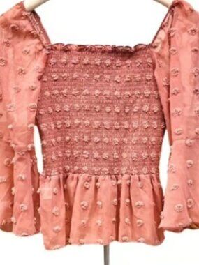 London Rose Smocked Stretch Peplum Blouse Lightweight Long Sleeve Top Pink Comfy